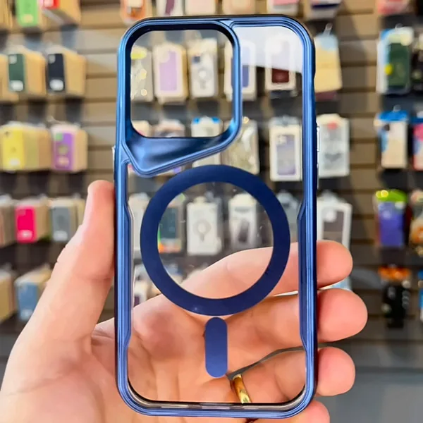 Capinha transparente com borda azul e anel MagSafe para iPhone